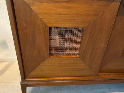  Dunbar American Modern 3 Door Walnut and Cane Credenza Dunbar 1950s