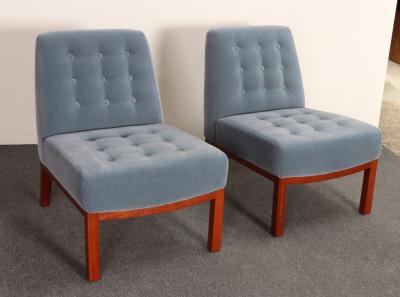  Dunbar Pair of Mahogany and Blue Mohair Slipper Chairs by Edward Wormley for Dunbar