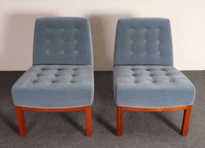  Dunbar Pair of Mahogany and Blue Mohair Slipper Chairs by Edward Wormley for Dunbar