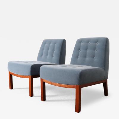  Dunbar Pair of Mahogany and Blue Mohair Slipper Chairs by Edward Wormley for Dunbar