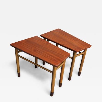  Dunbar Pair of Mid Century Walnut Leather and Mahogany Wedge End Tables by Dunbar