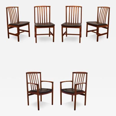  Dux of Sweden Rare 1960s Set of 6 DUX Dining Chairs 2 Arm 4 Side Walnut Black Leather