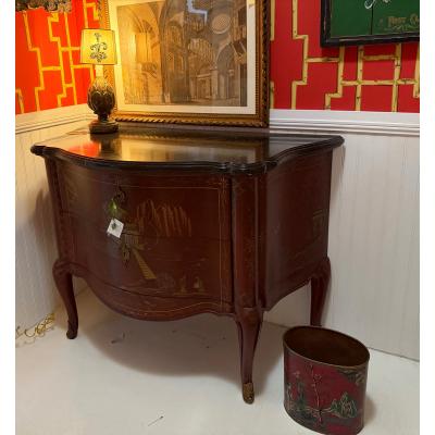  E J Victor 19th C Style E J Victor Red Chinoiserie Black Marble Commode