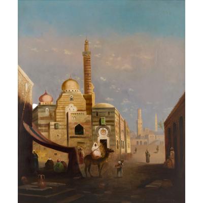  E Jeel Large antique Orientalist oil painting of a street scene by E Jeel