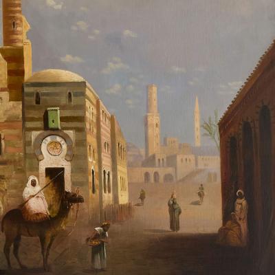  E Jeel Large antique Orientalist oil painting of a street scene by E Jeel