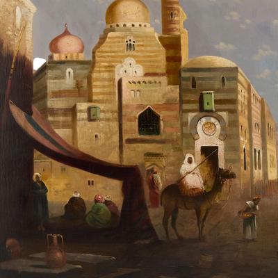  E Jeel Large antique Orientalist oil painting of a street scene by E Jeel
