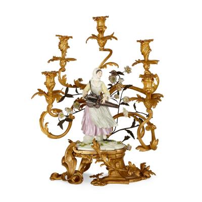  Edme Samson et Cie A pair of large Louis XV style gilt bronze and Samson porcelain candelabra