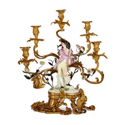  Edme Samson et Cie A pair of large Louis XV style gilt bronze and Samson porcelain candelabra