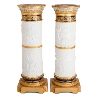  Edme Samson et Cie Antique French pair of ormolu mounted bisque porcelain pedestals