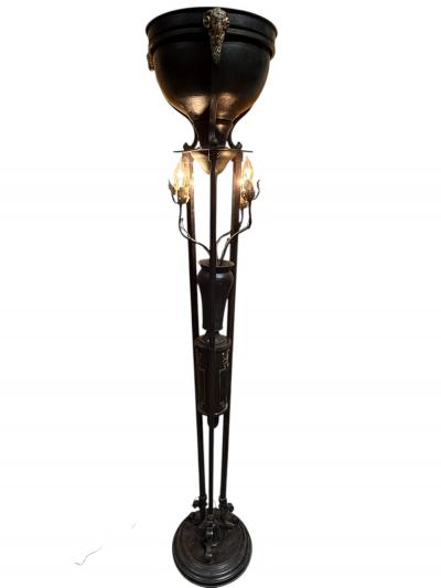  Edward F Caldwell Co Caldwell Lighting SUPERB PAIR OF PATINATED BRONZE FIGURAL BRASS RAM HEAD NEOCLASSICAL TORCHIERES