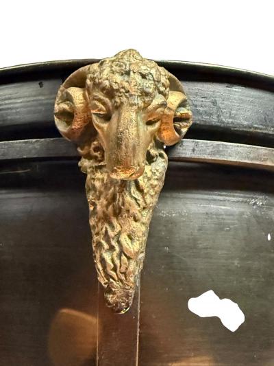  Edward F Caldwell Co Caldwell Lighting SUPERB PAIR OF PATINATED BRONZE FIGURAL BRASS RAM HEAD NEOCLASSICAL TORCHIERES