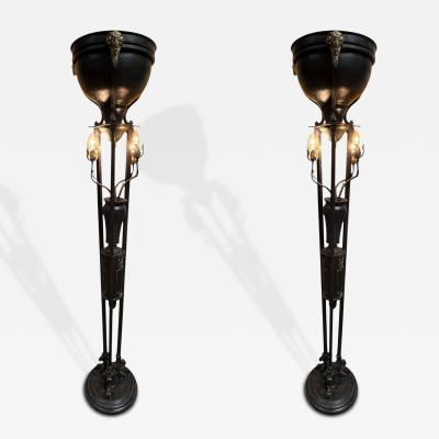  Edward F Caldwell Co Caldwell Lighting SUPERB PAIR OF PATINATED BRONZE FIGURAL BRASS RAM HEAD NEOCLASSICAL TORCHIERES