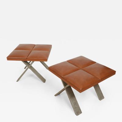  Elitis Furniture PAIR OF CARACALLA Ottomans in aluminium and tan leather 2004 
