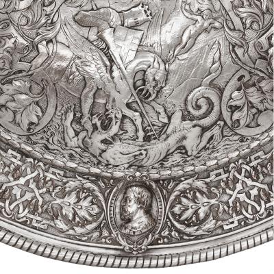  Elkington Co Large silver plated charger with mythological and battle scenes