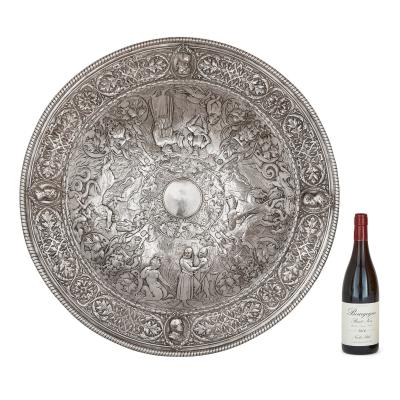  Elkington Co Large silver plated charger with mythological and battle scenes