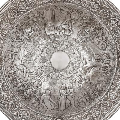  Elkington Co Large silver plated charger with mythological and battle scenes