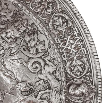  Elkington Co Large silver plated charger with mythological and battle scenes