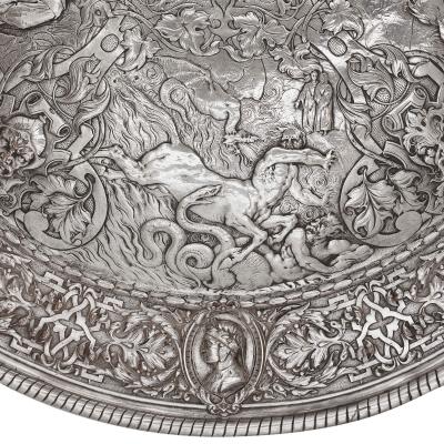  Elkington Co Large silver plated charger with mythological and battle scenes