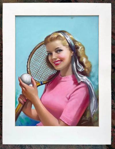  Elsie Julia Miller Blond Pin up with Perfect Smile Tennis Racket Women Illustrators