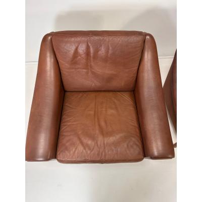  Erhardsen Andersen Pair of 1960s Danish Leather Lounge Chairs Attributed to Aage Christiansen