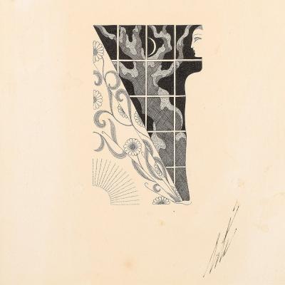  Ert Art Deco Woman and Window Pen Ink Drawing on Paper signed Ert 