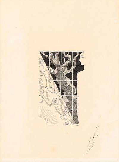  Ert Art Deco Woman and Window Pen Ink Drawing on Paper signed Ert 