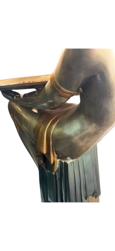  Ert POLYCHROMED ART DECO REVIVAL DRAPED NUDE DECORATED TRAY BRONZE ON MARBLE STAND