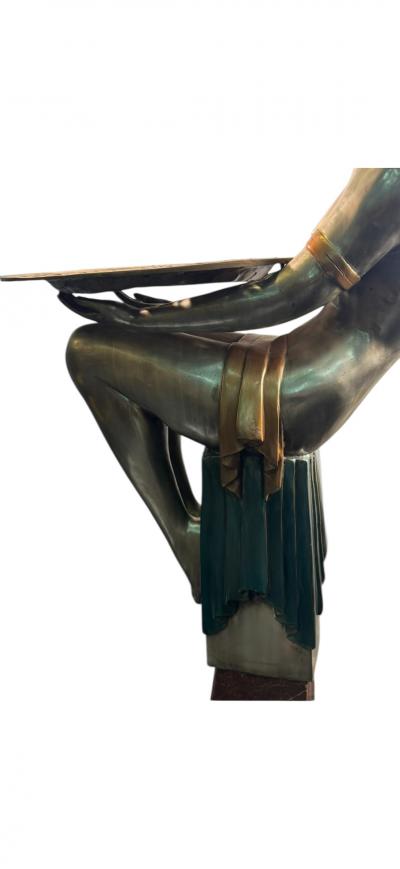  Ert POLYCHROMED ART DECO REVIVAL DRAPED NUDE DECORATED TRAY BRONZE ON MARBLE STAND