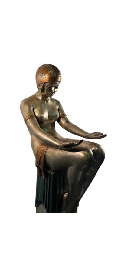  Ert POLYCHROMED ART DECO REVIVAL DRAPED NUDE DECORATED TRAY BRONZE ON MARBLE STAND