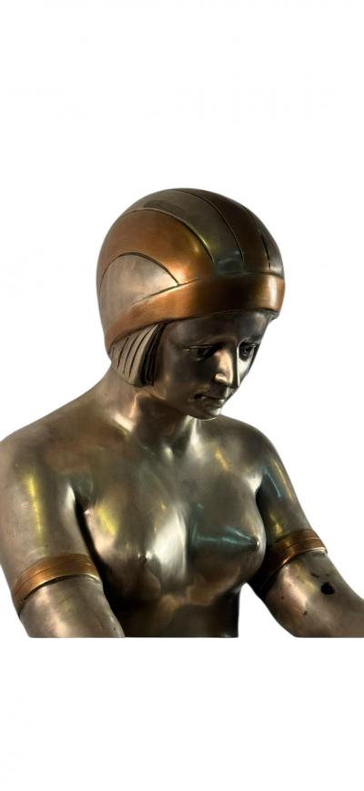  Ert POLYCHROMED ART DECO REVIVAL DRAPED NUDE DECORATED TRAY BRONZE ON MARBLE STAND