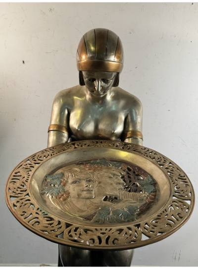  Ert POLYCHROMED ART DECO REVIVAL DRAPED NUDE DECORATED TRAY BRONZE ON MARBLE STAND
