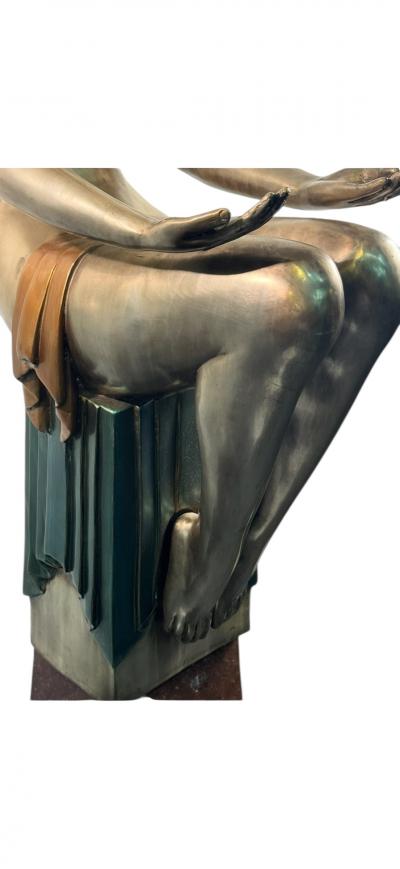  Ert POLYCHROMED ART DECO REVIVAL DRAPED NUDE DECORATED TRAY BRONZE ON MARBLE STAND