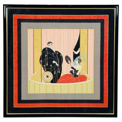  Ert Romain de Tirtoff Ert 1987 Loge De Theatre Framed Silk Scarf Wall Art Signed