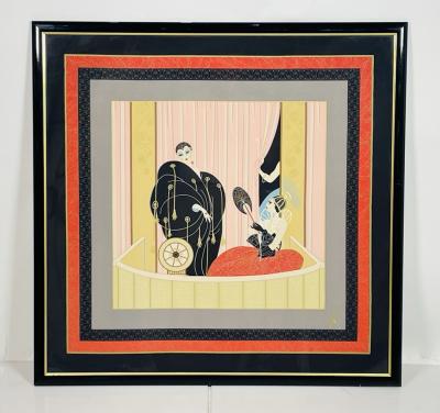  Ert Romain de Tirtoff Ert 1987 Loge De Theatre Framed Silk Scarf Wall Art Signed