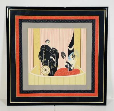  Ert Romain de Tirtoff Ert 1987 Loge De Theatre Framed Silk Scarf Wall Art Signed