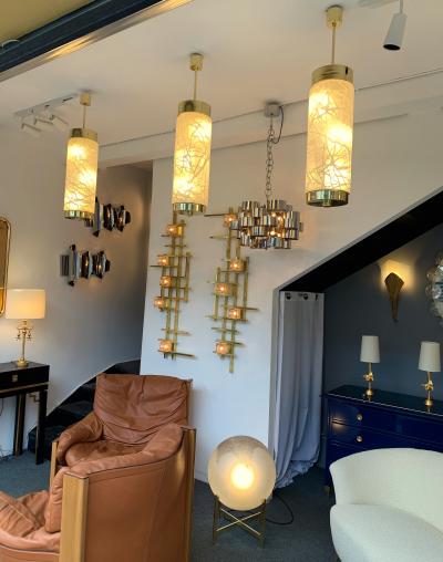 Esperia Ceiling Pendants Chandelier Brass Murano Glass by Esperia Italy 1990s