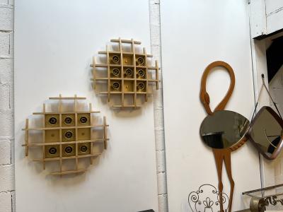  Esperia Pair of Wood and Brass Sconces Ceiling by Esperia Italy 1970s