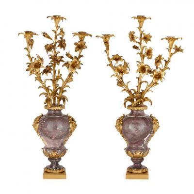 Eug ne Bazart Pair of large Rococo style gilt bronze and marble candelabra