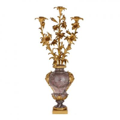 Eug ne Bazart Pair of large Rococo style gilt bronze and marble candelabra