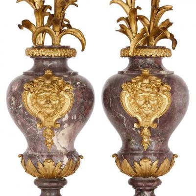 Eug ne Bazart Pair of large Rococo style gilt bronze and marble candelabra