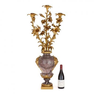 Eug ne Bazart Pair of large Rococo style gilt bronze and marble candelabra
