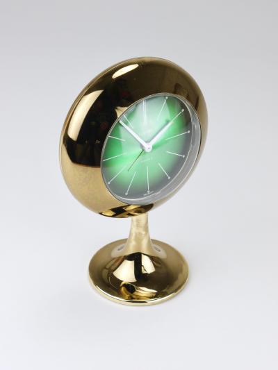  Europa Clocks Green Golden Table Desk Alarm Clock with Tulip Base by Europa Germany 1970s