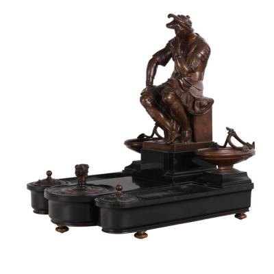 F Barbedienne Foundry Antique F Barbedienne French Bronze Seated Roman Bronze Marble Inkwell