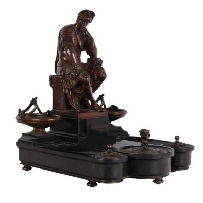  F Barbedienne Foundry Antique F Barbedienne French Bronze Seated Roman Bronze Marble Inkwell