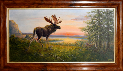  F M Hoyer F M HOYER 1863 1943 MOOSE IN A SUNSET LANDSCAPE