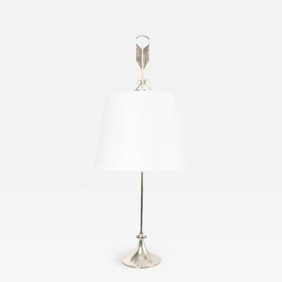  F Valenti Mid Century Modern tall table lamp in silver plate with fletching finial