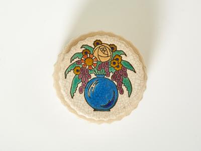 Fa enceries et Emaux de Longwy Large round flowers cream Art deco box Emaux de Longwy 1930