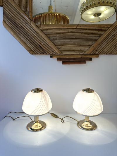 Fabbian Pair of Mushroom Lamps Brass and Murano Glass by F Fabbian Italy 1970s