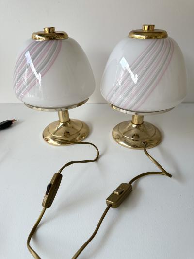  Fabbian Pair of Mushroom Lamps Brass and Murano Glass by F Fabbian Italy 1970s