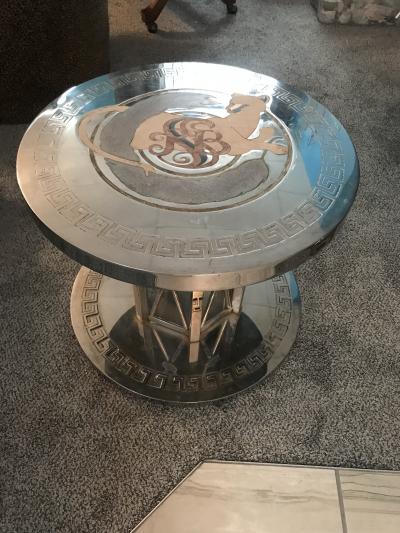  Faberg STUNNING PAIR OF NICKELED BRONZE INLAID STONE MODERN TABLES